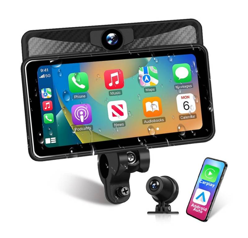 Hikity 6,25-Zoll Motorräder Carplay-Player mit Android Auto & IP68 Navigationsgerät (weltweit, integrierte Frontkamera) von Hikity