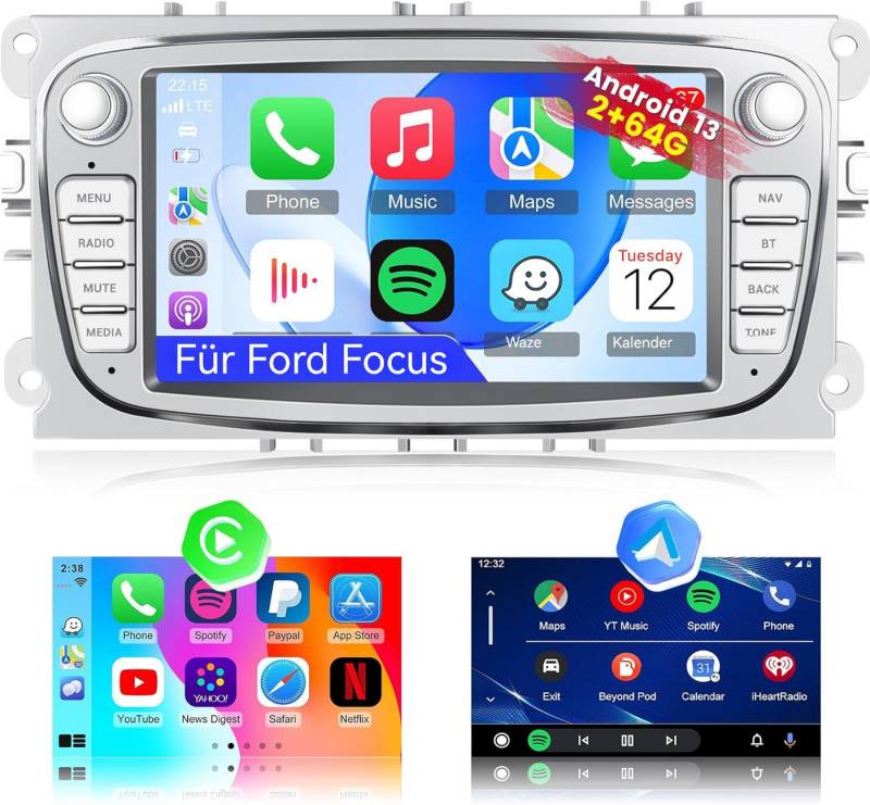 Hikity 7" Android Autoradio Für Ford Focus Mondeo C-MAX S-MAX, CarPlay, GPS Autoradio (FM-TunermitRDS, Rückfahrkamera & Lenkradsteuerung 53 UI-Themen & Split-Screen) von Hikity
