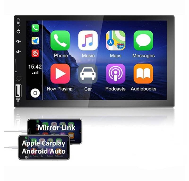Hikity 7" Dual DIN Touchscreen kompatibel mit Apple Carplay und Android Auto Autoradio (FM Radio, Handy Rückspiegel Link) von Hikity