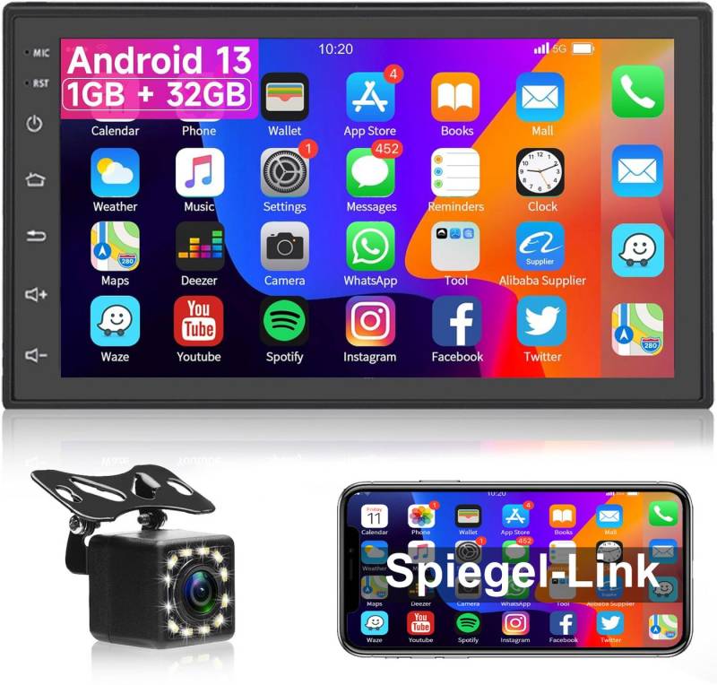 Hikity 7 Zoll 2 DIN Android Touchscreen mit GPS Spiegelverbindung mit Kamera Autoradio (FM RDS Radio, Rückfahrkamera, USB, SWC, 1GB + 32GB Android) von Hikity