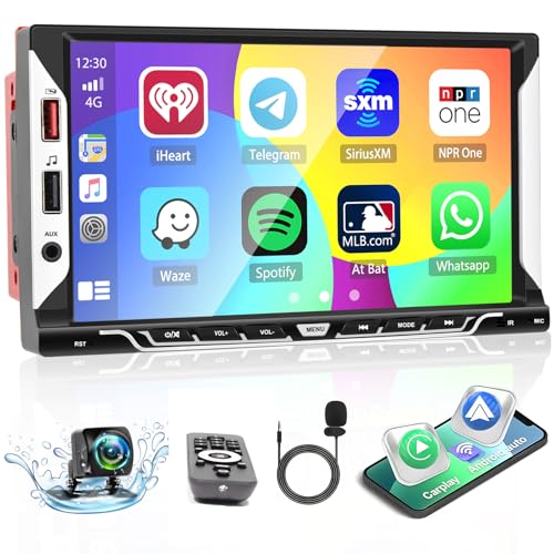 Hikity 7 Zoll Autoradio 2 Din mit Wirless Apple Carplay Wired Android Auto/Mirror Link Autoradio Bluetooth Unterstützung EQ USB AUX SWC FM Touchscreen Car Radio + Mic + Rückfahrkamera von Hikity