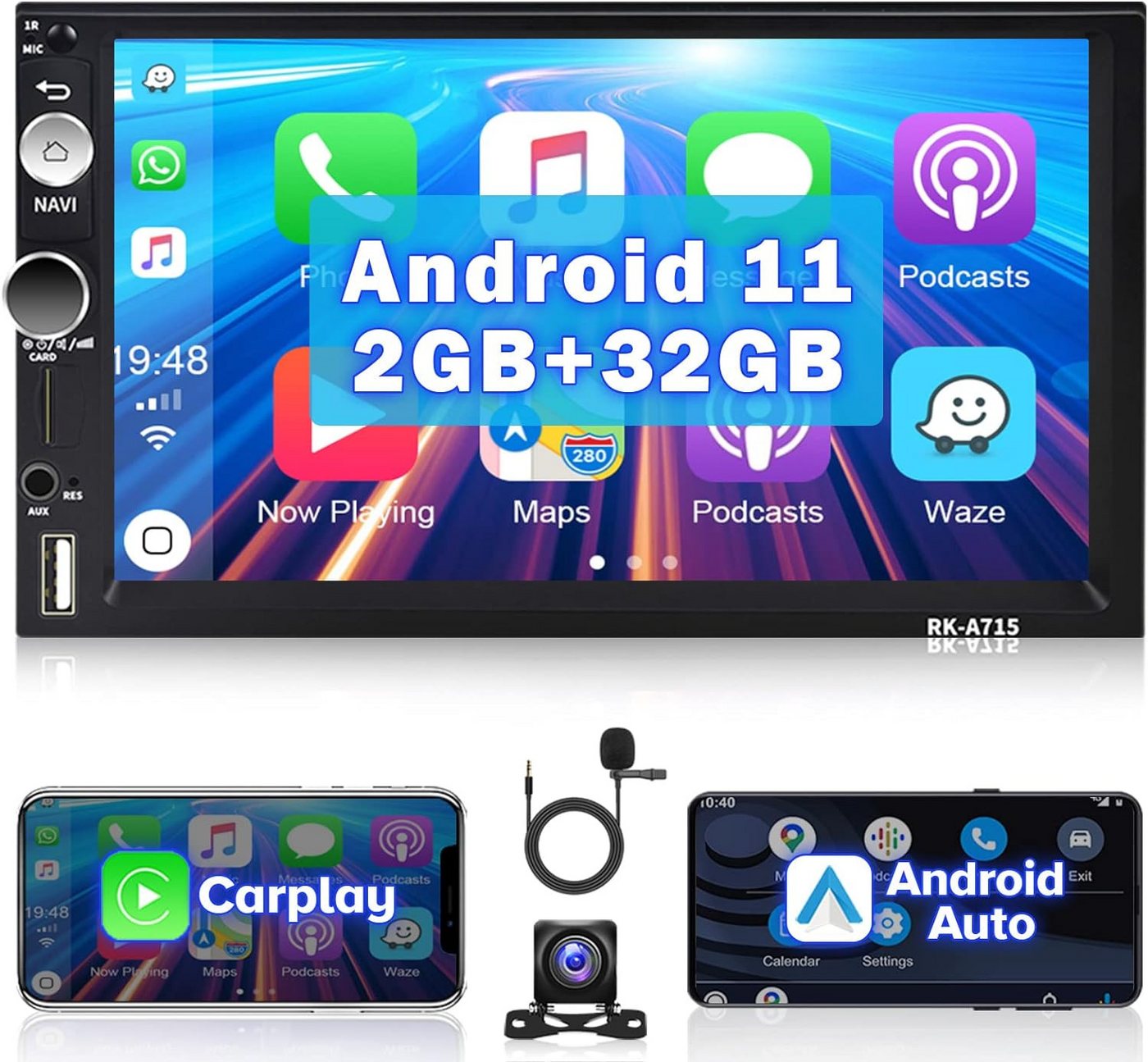 Hikity 7 Zoll HD Bildschirm 2DIN mit Navi Mirror Link+Rückfahrkamera+Mikrofon Autoradio (FM-Tuner, DAB, Eingebautes Bluetooth, GPS-Navigation, RDS, Touchscreen, Android Auto, Apple CarPlay) von Hikity