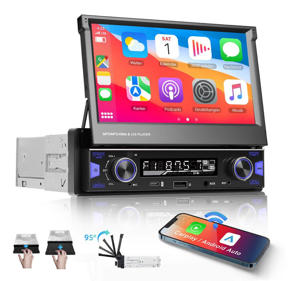 Hikity 7-Zoll1 DIN Radio mit Touchscreen Bluetooth CarPlay & Spiegelung Autoradio (Manuell einziehbarer Bildschirm) von Hikity