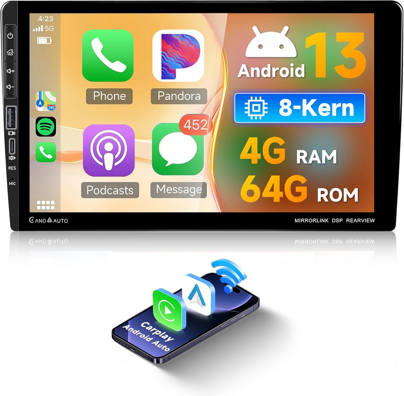 Hikity 9 Zoll Android 13.0 2 Din 4+64G mit Carplay & Android Auto Autoradio (FM, Carplay & Android Auto, GPS WiFi BT5.0 FM/RDS 32EQ/DSP 59UI) von Hikity