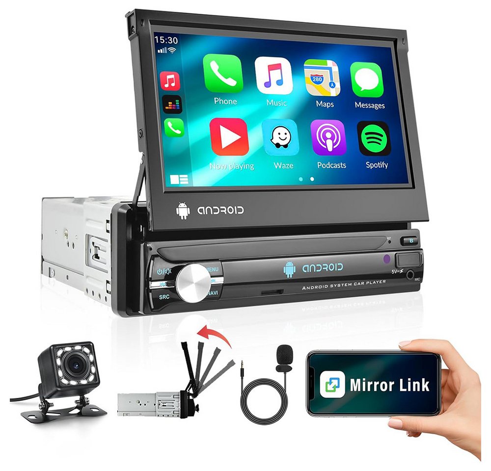 Hikity Android 1 DIN manuelles Teleskopradio Wireless Carplay mit Kamera Autoradio (GPS-Navigation, 2+64G) von Hikity