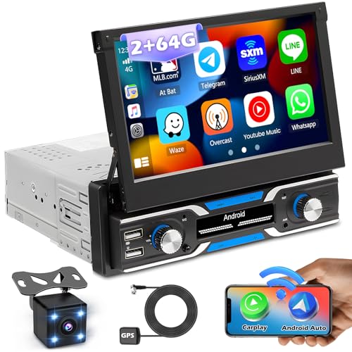 Hikity Android 1 Din Autoradio mit Navi 7 Zoll Elektrisch Ausfahrbarem Touch Display Radio mit Bluetooth Freisprecheinrichtung Mirror Link WiFi/FM/USB+Rückfahrkamera von Hikity