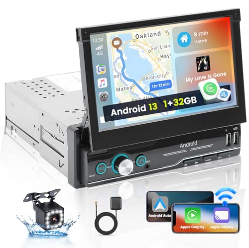 Hikity Android 13 Autoradio 1Din Wireless Carplay Android Auto mit Navi 7 Zoll Touch Display Auto Radio Manuelle Ausfahrbarem Bildschirm Bluetooth WiFi Mirror Link FM Radio Dual-USB AUX Rückfahrkamera von Hikity