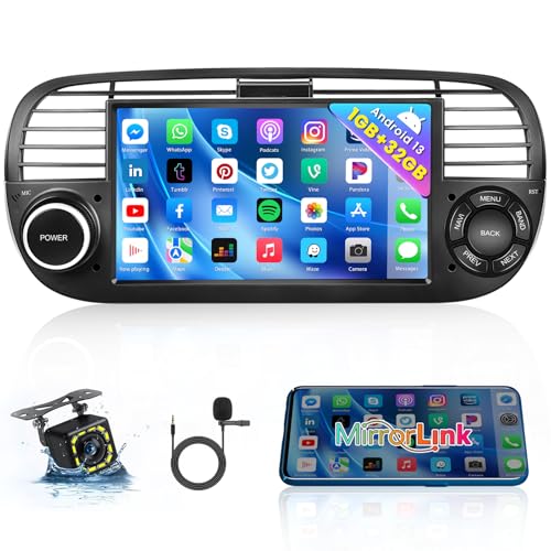 Hikity Android 13 Autoradio für FIAT 500 (2007-2015) mit Navi 7 Zoll Autoradio Bluetooth mit Bildschirm WiFi SWC USB FM RDS Radio Mirror Link Auto Radio Touch Display 2 Din mit Rückkamera+Mikrofon von Hikity