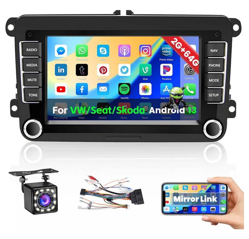 PODOFO Android 13 Doppel DIN Autoradio für VW Golf 5/6, 7'' Display GPS Autoradio (Mit Rückfahrkamera und Mikrofon, WiFi Bluetooth Freisprecheinrichtung FM RDS) von PODOFO