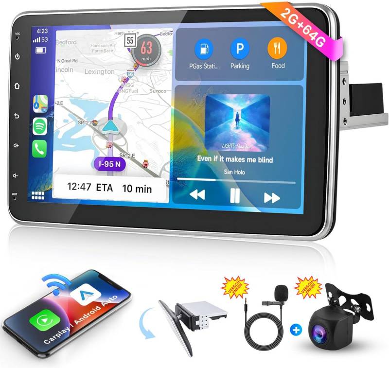 Hikity Android 1Din 10 Zoll drehbarer Bildschirm GPS mit Kamera-Mikrofon Autoradio (Kabelloses Carplay und Android Auto, WiFi, Bluetooth, 2+64G RAM, AHD HD-Kamera) von Hikity