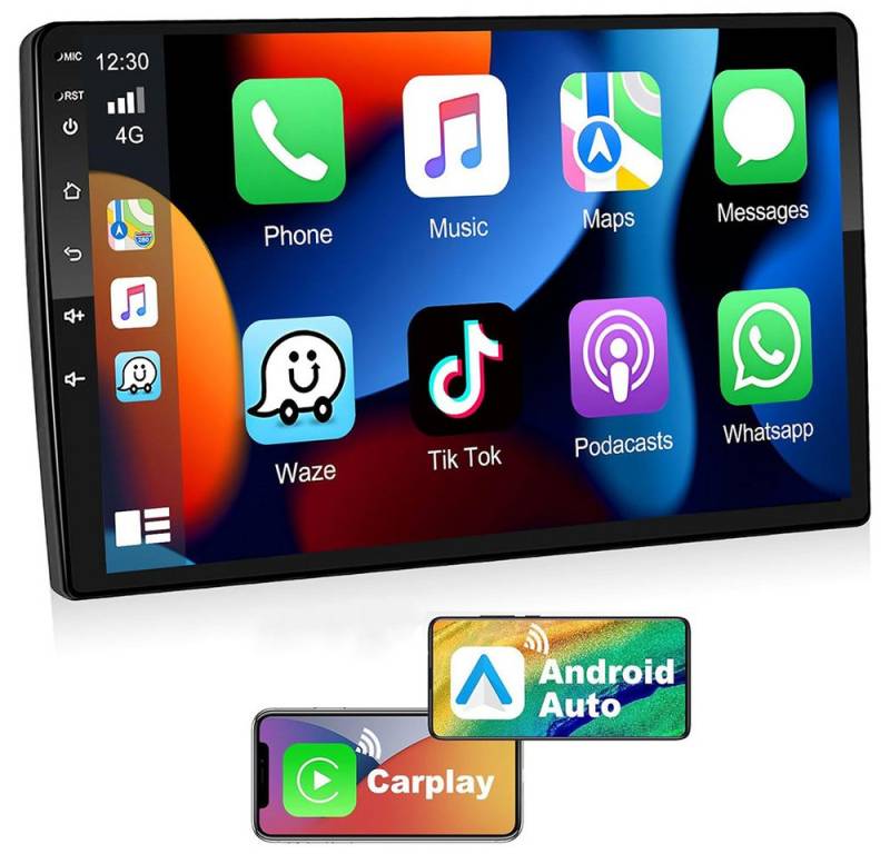 Hikity Android 2 Din GPS 10'' HD 1080P 2.5D Tempered Glass Mirror MP5 Player Autoradio (FM Radio, Carplay Spiegel Link) von Hikity