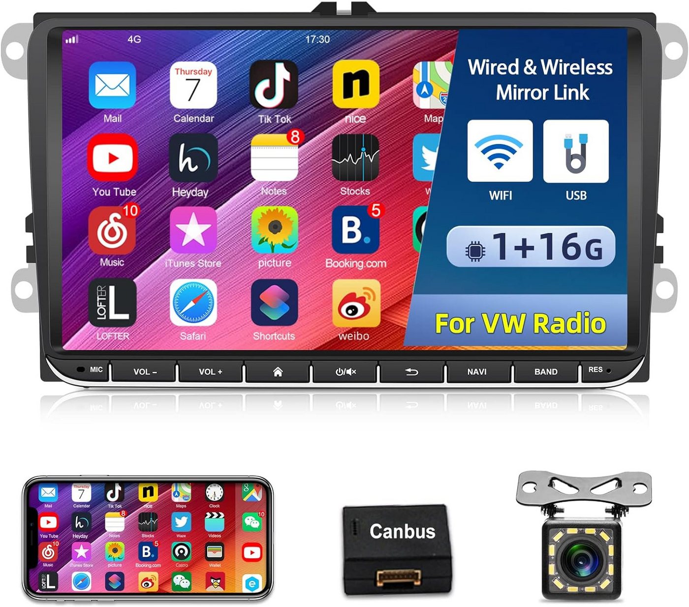Hikity Android 2Din 9 Zoll kapazitiver Touchscreen HD GPS Navigation für VW Autoradio (für T5 EOS POLO Touran Seat Sharan, für VW Passat Golf MK5 MK6 Jetta) von Hikity