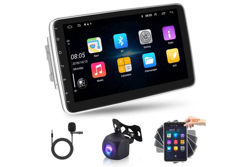 Hikity Android 2Din GPS 10 Zoll 180° drehbarer Bildschirm mit Rückfahrkamera Autoradio (Spiegelverbindung Bluetooth WIFI GPS FM, 2,5D gehärtetes Glas) von Hikity