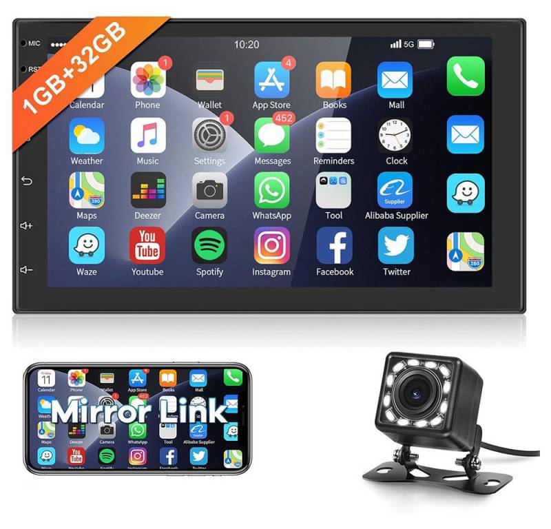 PODOFO 7" 2 DIN Touchscreen Stereo 2 DIN 1+32G mit Rückfahrkamera Autoradio (GPS-Navigation, WiFi, Bluetooth, USB, Unterstützung der Lenkradsteuerung) von PODOFO
