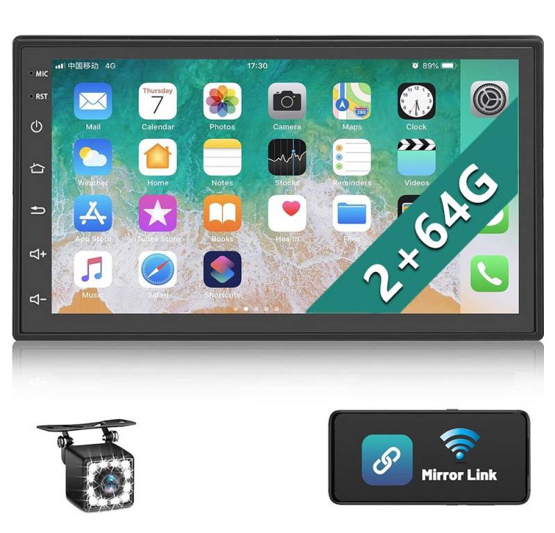 Hikity Android Autoradio 2 DIN 2G + 64G 7 Zoll Voll Touchscreen mit Kamera Autoradio (Bluetooth, USB, VHF, RCA, integriertes Wi-Fi) von Hikity
