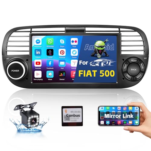 Hikity Android Autoradio mit Navi für FIAT 500 2007-2015 Bluetooth Autoradio mit Bildschirm 7 Zoll Touch Display Radio mit Mirror Link für iOS/Android FM Radio mit RDS WiFi/GPS+Rückfahrkamera von Hikity