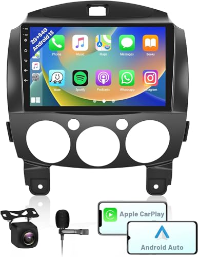 Hikity Android Autoradio mit Navi für Mazda 2 2007 2008 2009 2010 2011 2012 2013 2014, 2+32GB, 9 Zoll Autoradio Bluetooth mit Carplay Android Auto HiFi GPS BT RDS FM SWC Mic Rückfahrkamera von Hikity