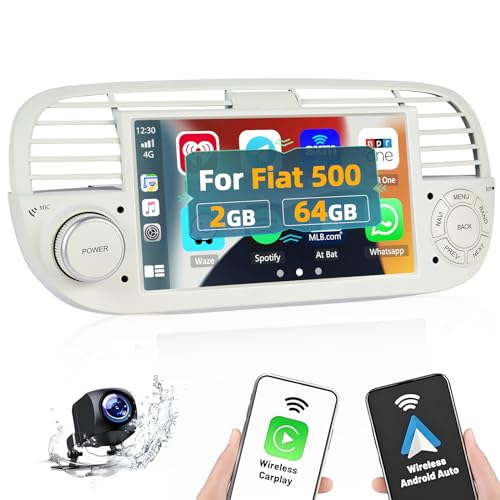 Hikity Android Wireless Carplay Autoradio mit Navi für FIAT 500 2007-2015 Android Auto Radio mit Bluetooth 7 Zoll Touch Display Radio FM/RDS EQ Mikrofon+Rückfahrkamera von Hikity