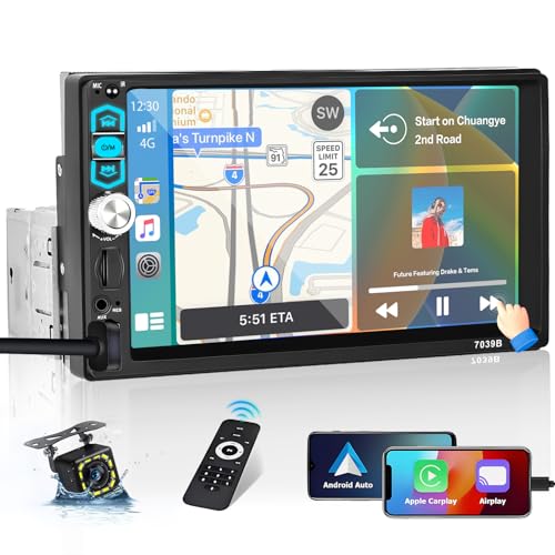 Hikity Autoradio 1 Din Apple Carplay Android Auto mit Bluetooth Freisprecheinrichtung Bildschirm, 7 Zoll Touchscreen mit Mirror Link FM/EQ/AUX/SD+ Rückfahrkamera+Mikrofon von Hikity