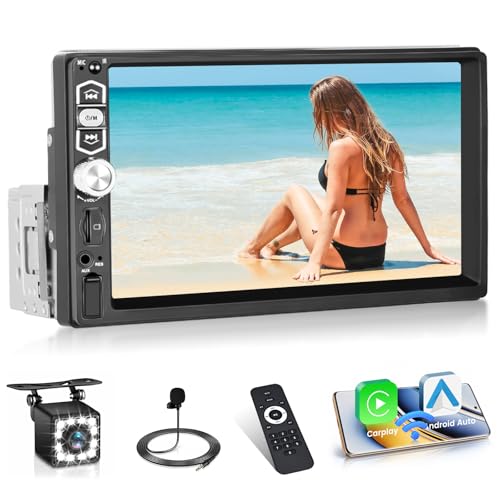 Hikity Autoradio 1 Din Wired Carplay Android Auto mit Bluetooth Freisprecheinrichtung Bildschirm, 7 Zoll Touchscreen mit Mirror Link FM/EQ/AUX/SD+ Rückfahrkamera+Mikrofon von Hikity