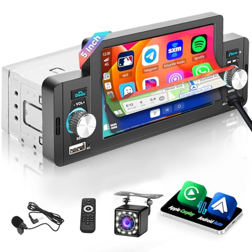 Hikity Autoradio 1 Din CarPlay mit 5 Zoll Bildschirm Android Auto Autoradio Bluetooth Touch Display mit Mirror Link USB BT FM Radio Unterstützung Lenkradsteuerung + Rückfahrkamera + Mikrofon von Hikity