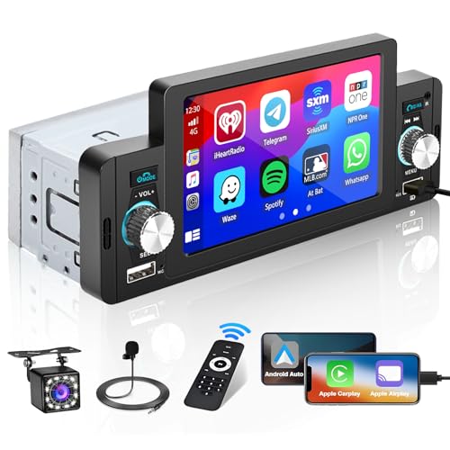 Hikity Autoradio 1 Din CarPlay mit 5 Zoll Bildschirm Android Auto Autoradio Bluetooth Touch Display mit Mirror Link USB BT FM Radio Unterstützung Lenkradsteuerung + Rückfahrkamera + Mikrofon von Hikity