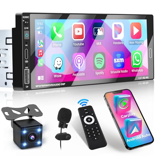 Hikity Autoradio 1 Din Carplay Android Auto mit Bildschirm 6,9 Zoll Touch Display Radio mit Bluetooth Freisprecheinrichtung FM Radio mit EQ Type-C/USB/AUX Mikrofon+Rückfahrkamera von Hikity