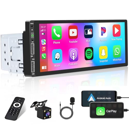 Hikity Autoradio 1 Din Carplay und Android Auto mit Bildschirm 6,9 Zoll Touch Display Radio Bluetooth Freisprecheinrichtung mit Rückfahrkamera FM USB MP5 +Mikrofon von Hikity