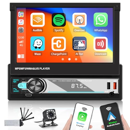 Hikity Autoradio 1 Din Wireless Apple Carplay und Android Auto, 7 Zoll Manuelle Ausfahrbarem Display Touchscreen Auto Radio mit Bluetooth 5.1 Freisprecheinrichtung FM/AM Radio USB AUX Rückfahrkamera von Hikity
