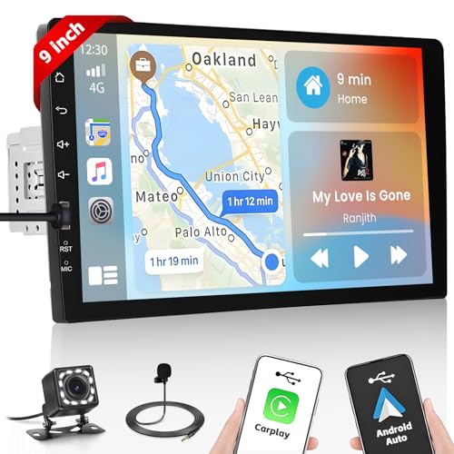 Hikity Autoradio 1 Din mit Apple Carplay Android Auto Auto Radio Touch Display mit 9 Zoll Bildschirm Mirror Link FM USB SWC Autotadio Bluetooth mit Rückfahrkamera von Hikity