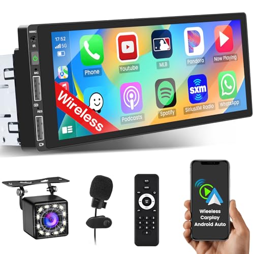 Hikity Autoradio 1 Din mit Wireless Apple Carplay Android Auto Radio mit Bildschirm 6,9 Zoll Touch Display mit Bluetooth FM/EQ USB+Rückfahrkamera von Hikity