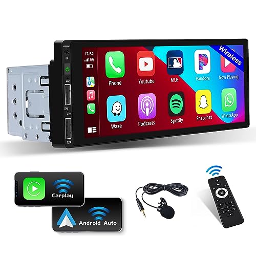 Hikity 1 Din Radio 6.9 Zoll Wireless Carplay IPS Touchscreen Bluetooth 5.0 Autoradio mit Android Auto FM Mirror Link EQ-Ton Lenkradsteuerung Rückfahrkamera, USB Anschluss von Hikity