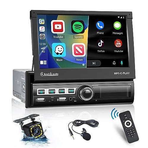 Hikity Autoradio 1Din mit Apple Carplay und Android Auto, 7 Zoll Automatisch Ausfahrbares Touchscreen Radio mit Bluetooth Freisprecheinrichtung Mirrorlink FM USB AUX TF SWC, Mic, Rückfahrkamera von Hikity