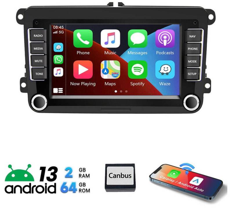 Hikity Android 13.0 7 Zoll 2Din GPS Navi für VW Skoda Sitz Autoradio (2+64GB, Passat) von Hikity