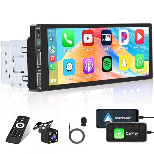 Hikity Carplay Autoradio 1Din Bluetooth 5.1 mit Bildschirm 6.86 Zoll Touchscreen Auto Radio Stereo mit Bluetooth-Freisprecheinrichtung Android Auto Mirror Link 2USB EQ Lenkradsteuerung Rückfahrkamera von Hikity