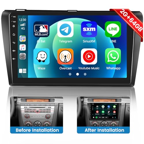 Hikity Carplay für Mazda 3 2006-2012 Android Autoradio, 2GB+64GB, Android Auto Autoradio Bluetooth mit Bildschirm 9" Touchscreen FM RDS Radio GPS WiFi HiFi Canbus Rückfahrkamera Mic von Hikity