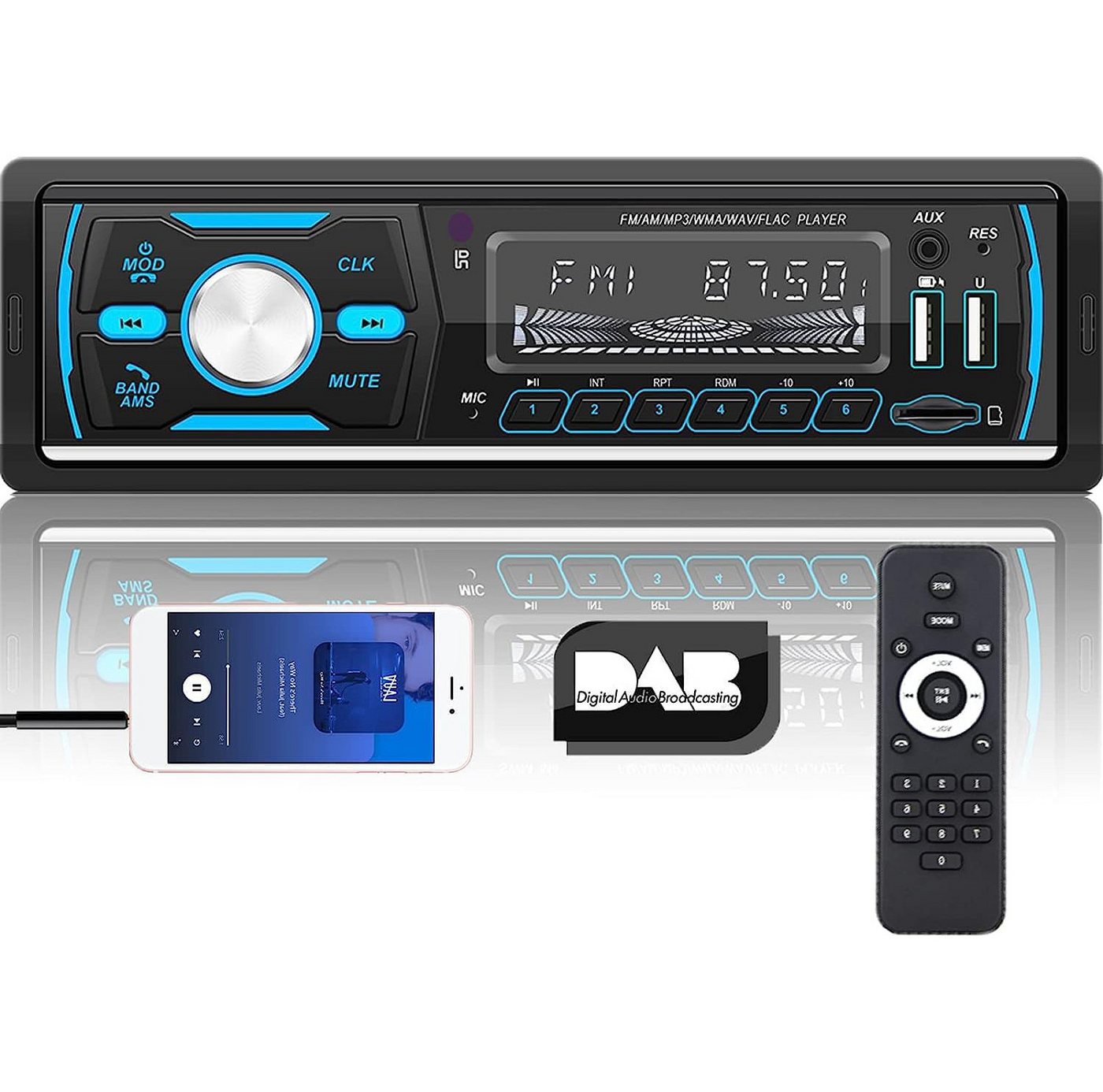 Hikity DAB+ Autoradio MP3 Car Player Freisprecheinrichtung 2 USB SD 1 DIN Autoradio (Fernsteuerung, AUX Input/SD/TF Card) von Hikity