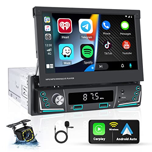 Hikity Din 1 Autoradio Wireless Carplay mit 7 Zoll Manuelles Ausfahrbarem Display Android Auto Mirror Link für Android/iOS, Auto Radio Touch Display mit BT FM USB SWC TF Mic CAM von Hikity