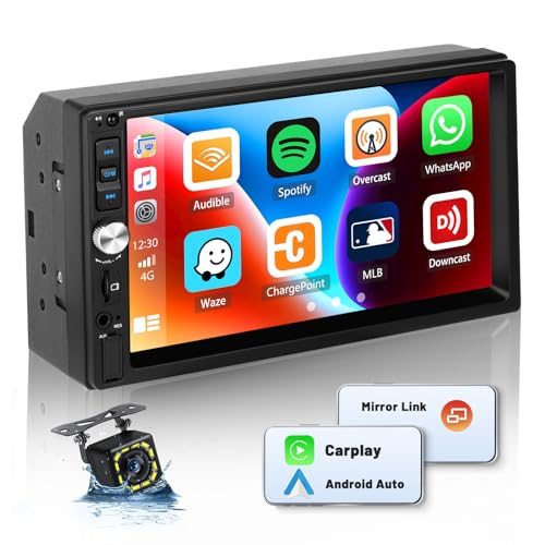 Hikity Doppel Din Autoradio Bluetooth mit Apple Carplay Android Auto Mirror Link für Android/iOS, 7 Zoll Autoradio mit FM Radio USB TF AUX Fernsteuerung Rückfahrkamera von Hikity