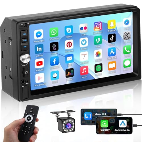 Hikity Doppel Din Autoradio mit Apple Carplay Android Auto Mirror Link 7 Zoll Touchscreen Autoradio Bluetooth 2 Din mit Bildschirm FM AUX USB MIC SWC Rückfahrkamera von Hikity