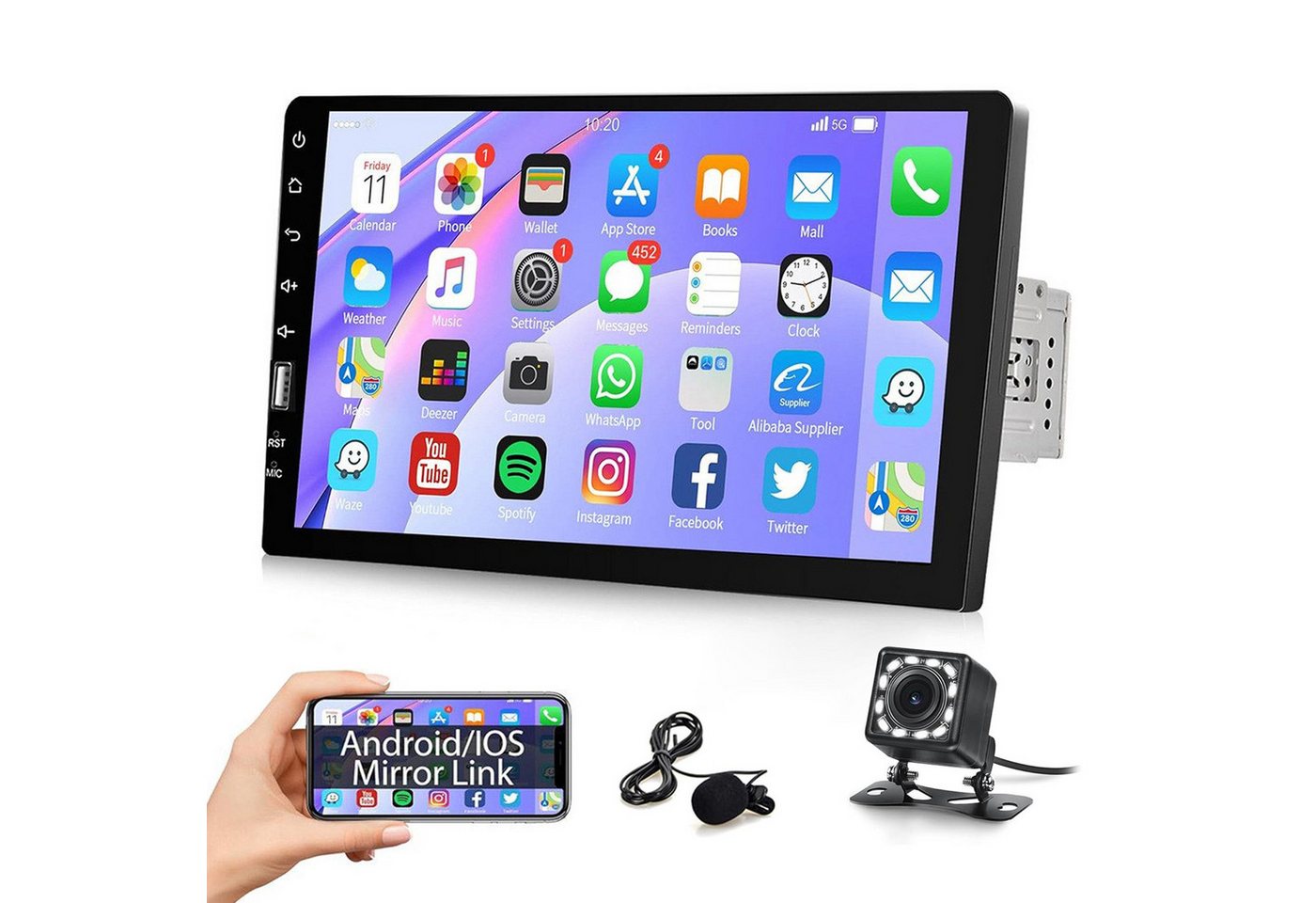 Hikity IOS/Android Mirror Link 9-Zoll-Touchscreen-Autoradio MP5-Spieler Autoradio (USB/AUX/TF/EQ, Ausgestattet mit Rückfahrkamera) von Hikity