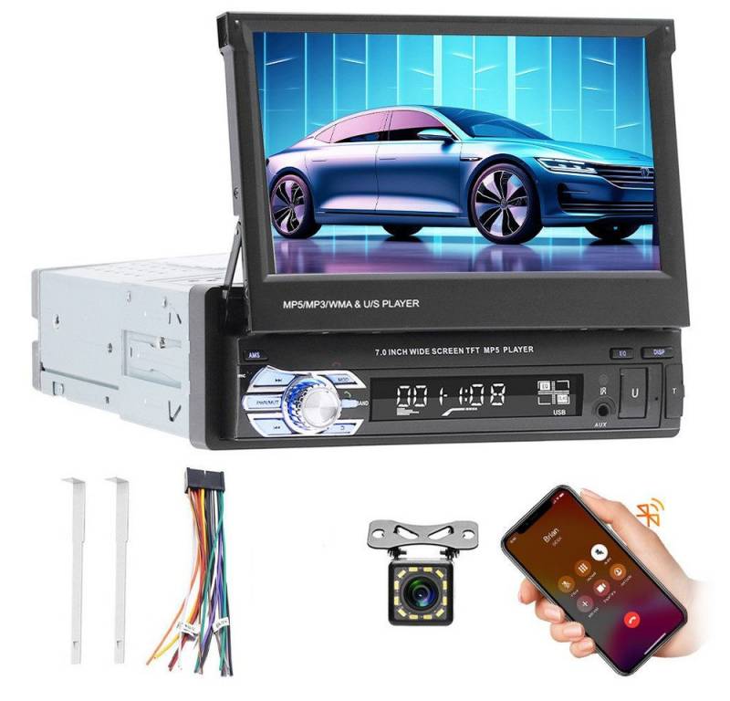 Hikity MP5 Player 1 DIN 7 Zoll HD versenkbarer Bildschirm mit Rückfahrkamera Autoradio (Klappbarer Bildschirm) von Hikity