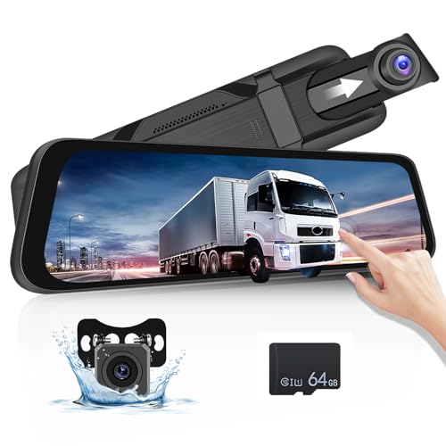 Hikity Spiegel Dashcam mit Rückfahrkamera, 9,66 Zoll Auto Kamera mit IPS-Touchscreen Dual Dash Cam Vorne Hinten mit 64G SD-Karte, Loop-Aufnahme, G-Sensor, Parküberwachung,150° Weitwinkel-Nachtsicht von Hikity