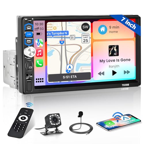 Hikity Touchscreen 1 Din Autoradio mit Wireless Apple Carplay/Android Auto Autoradio Bluetooth Freisprecheinrichtung mit Bildschirm Mirror Link FM USB SD AUX Rückfahrkamera von Hikity
