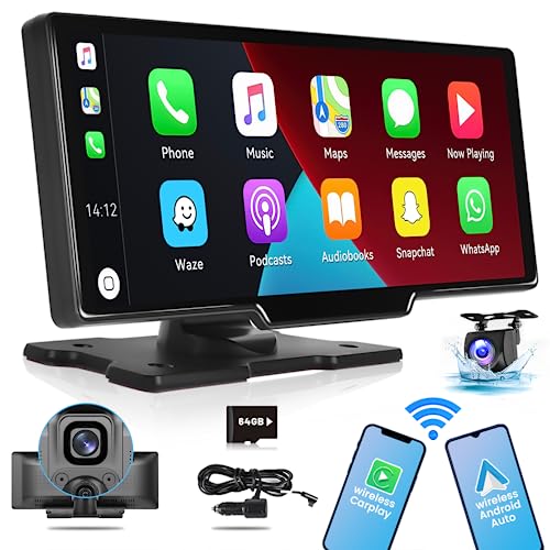 Hikity Wireless Apple Carplay Android Auto Display 9.3 Zoll HD Tragbares Touchscreen Monitor mit Bluetooth Sprachsteuerung Dashcam Vorne und Rückfahrkamera FM-Transmitter + 64G SD Karte von Hikity