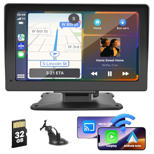 Hikity Wireless Apple Carplay Android Auto Display Autoradio 7 Zoll HD Touchscreen Tragbares Carplay Monitor mit Bluetooth/Sprachsteuerung FM AUX Mirror Link/Windschutzscheibenmontage+32G TF Karte von Hikity