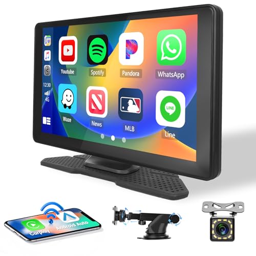 Hikity Wireless Apple Carplay & Android Auto Autoradio mit Rückfahrkamera, Tragbares 9 Zoll Touchscreen Auto Stereo Bluetooth, Navigation, AirPlay Link Spiegeln, Siri, Google, FM/AUX von Hikity