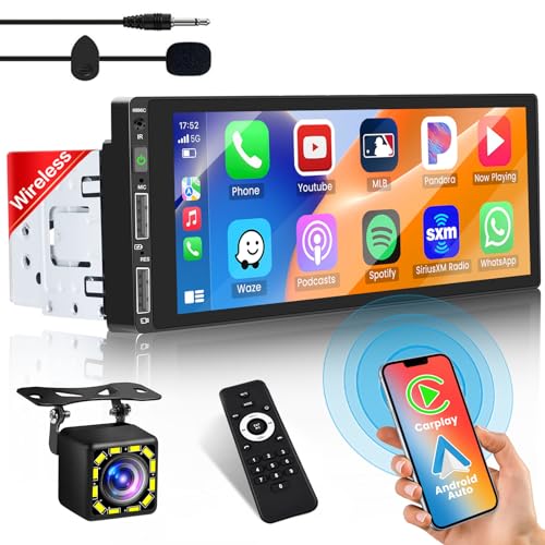 Hikity Wireless CarPlay Autoradio 1 Din mit Bildschirm Android Auto Radio mit Bluetooth Freisprecheinrichtung 6,9 Zoll Touch Display Radio mit FM/EQ 2 USB Anschluss+RüCkfahrkamera von Hikity