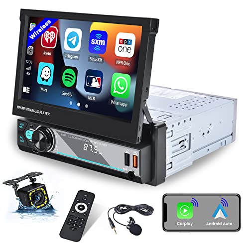 Hikity Wireless Carplay Autoradio mit Blidschirm 1 Din Autoradio Bluetooth mit 7 Zoll Manuelles Ausfahrbarem Display Wireless Android Auto Mirror Link FM AM Radio SWC USB AUX Type-C Rückfahrkamera von Hikity