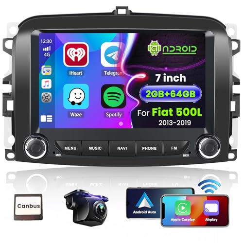 Hikity Wireless Carplay Autoradio mit Navi für 500L 2013-2019 Android 13 7 Zoll 2G 64G Auto Radio Stereo mit Bluetooth WiFi FM RDS Mirror Link Android Auto SWC MIC Rückfahrkamera von Hikity